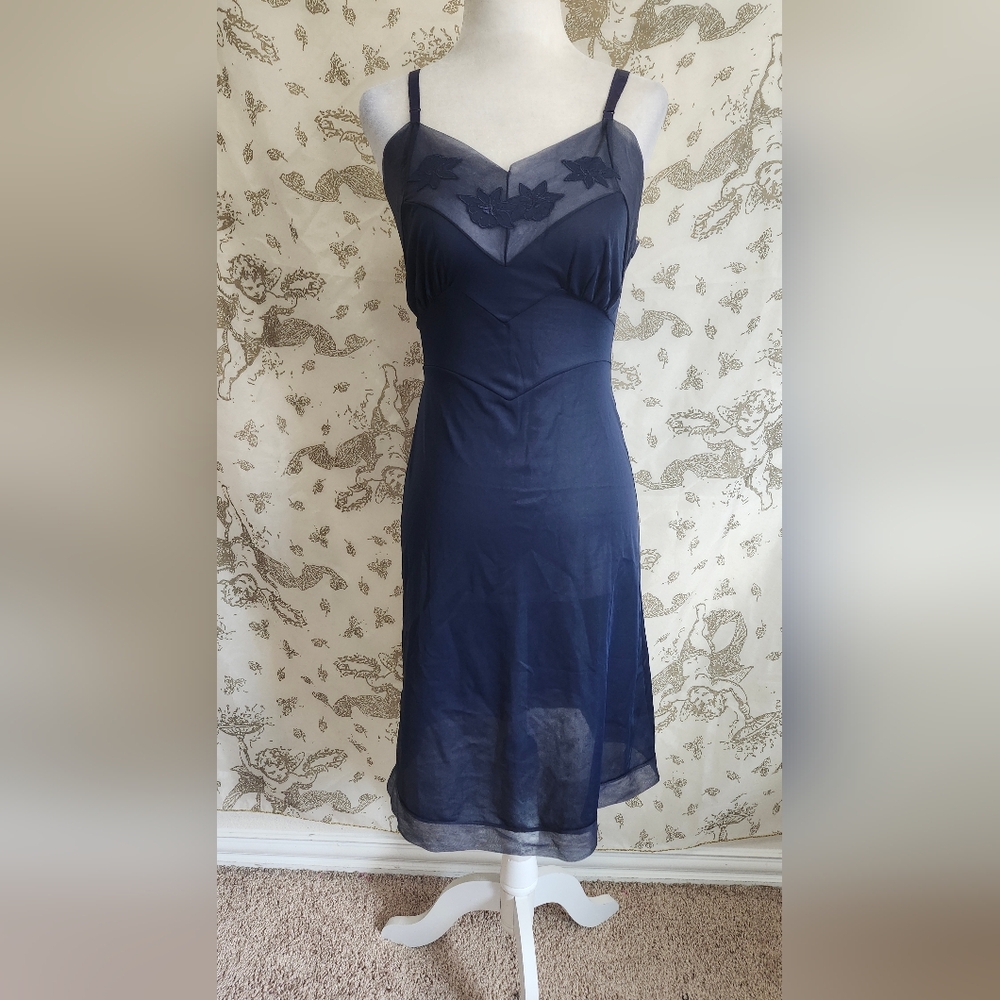 Vintage 1960s Gotham Gold Stripe floral navy nylon slip dress